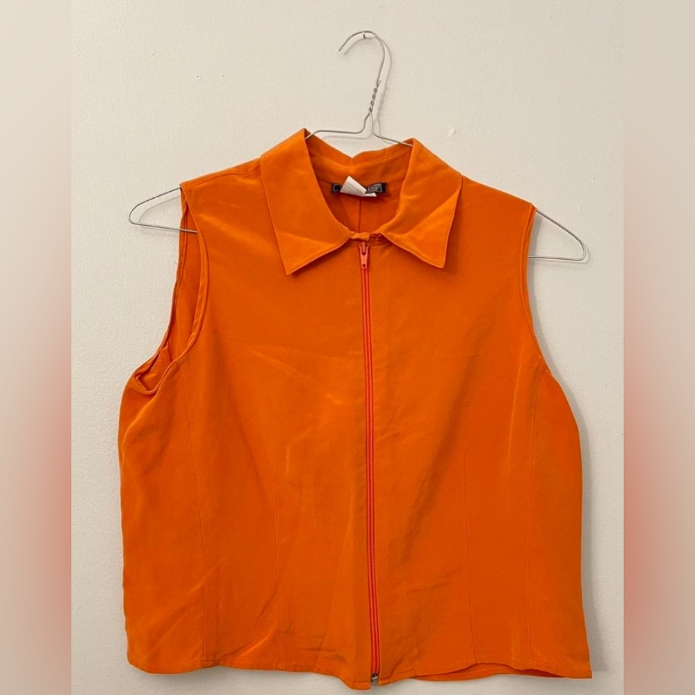 Harold's silk, orange, sleeveless zip-up top/vest